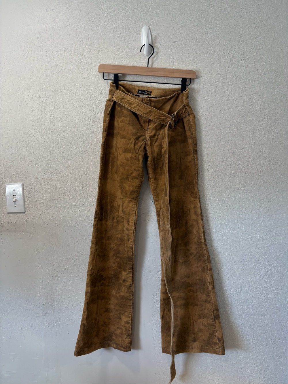 bebe Tan Corduroy Flare Jeans with Wrap Waist Tie